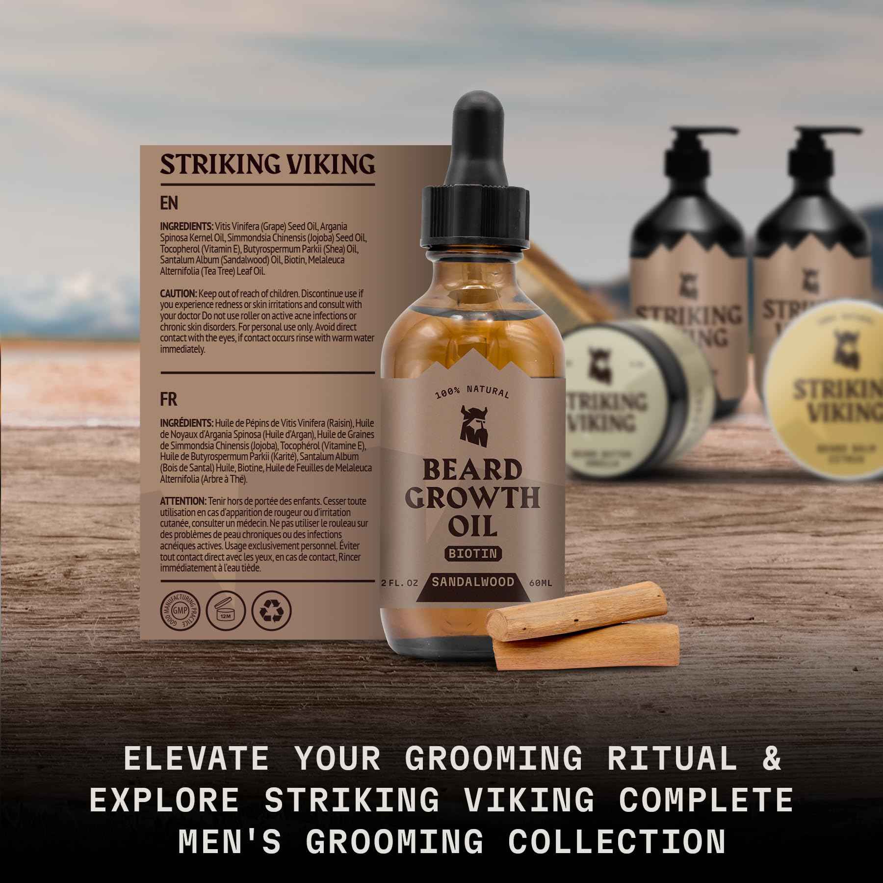 Striking Viking Beard Growth Oil with Biotin - 2 fl oz, Pack of 2, Sandalwood - Deep Conditioning with Argan & Jojoba Oil - Thickens & Nourishes for Beard Growth - Fast-Absorbing