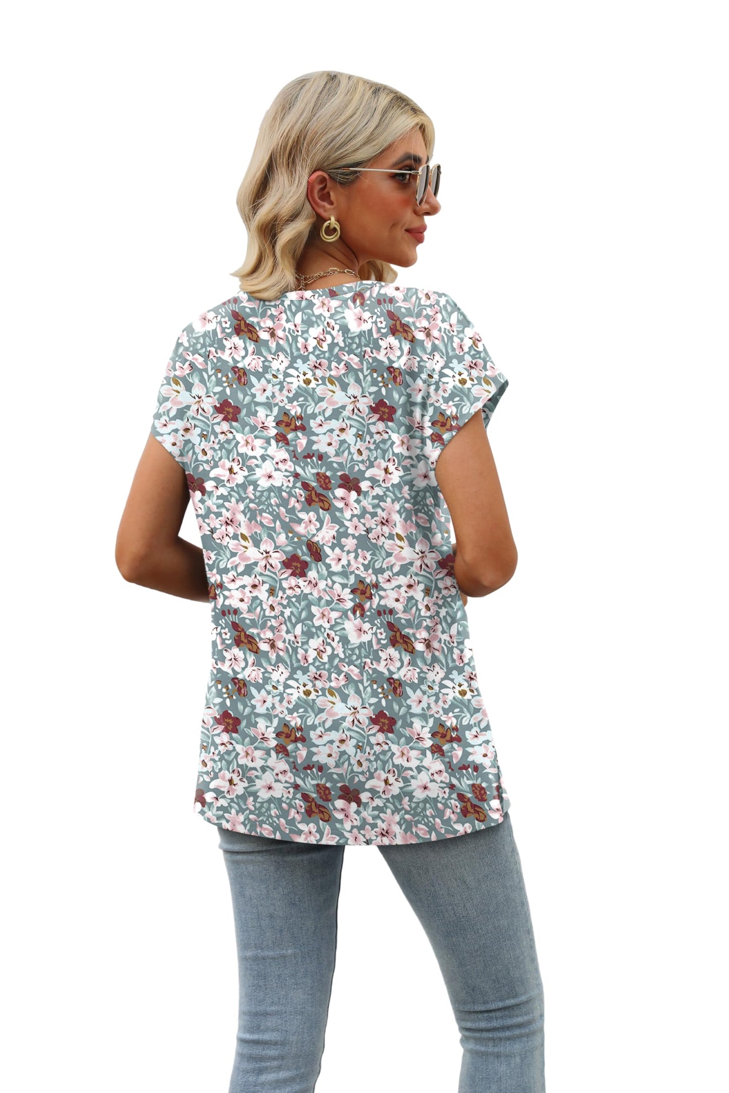 Womens Floral Print Tops Casual Summer Short Sleeve V Neck Shirts for Women Trendy Outfits Print Green Floral S