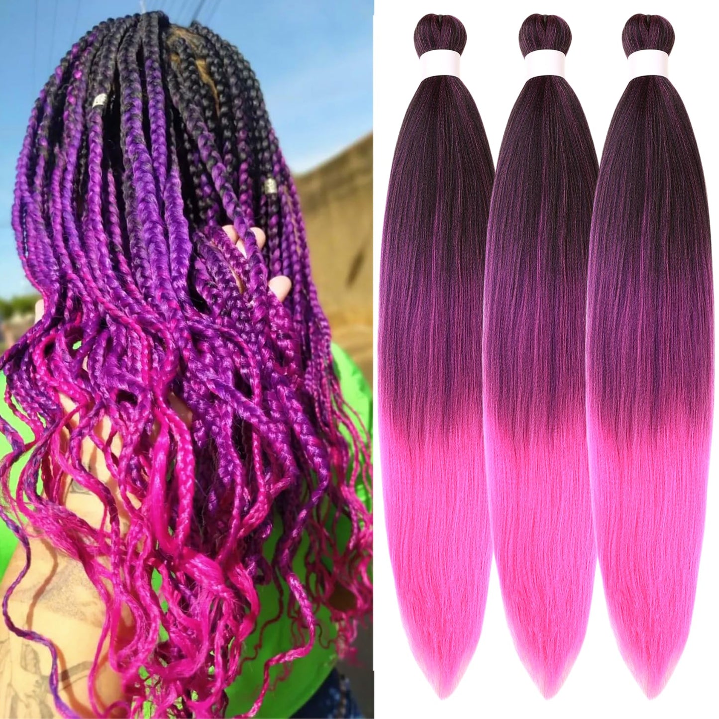 Ombre Purple Braiding Hair Pre Stretched Kanekalon Box Braiding Hair 26 Inch (Pack of 3)