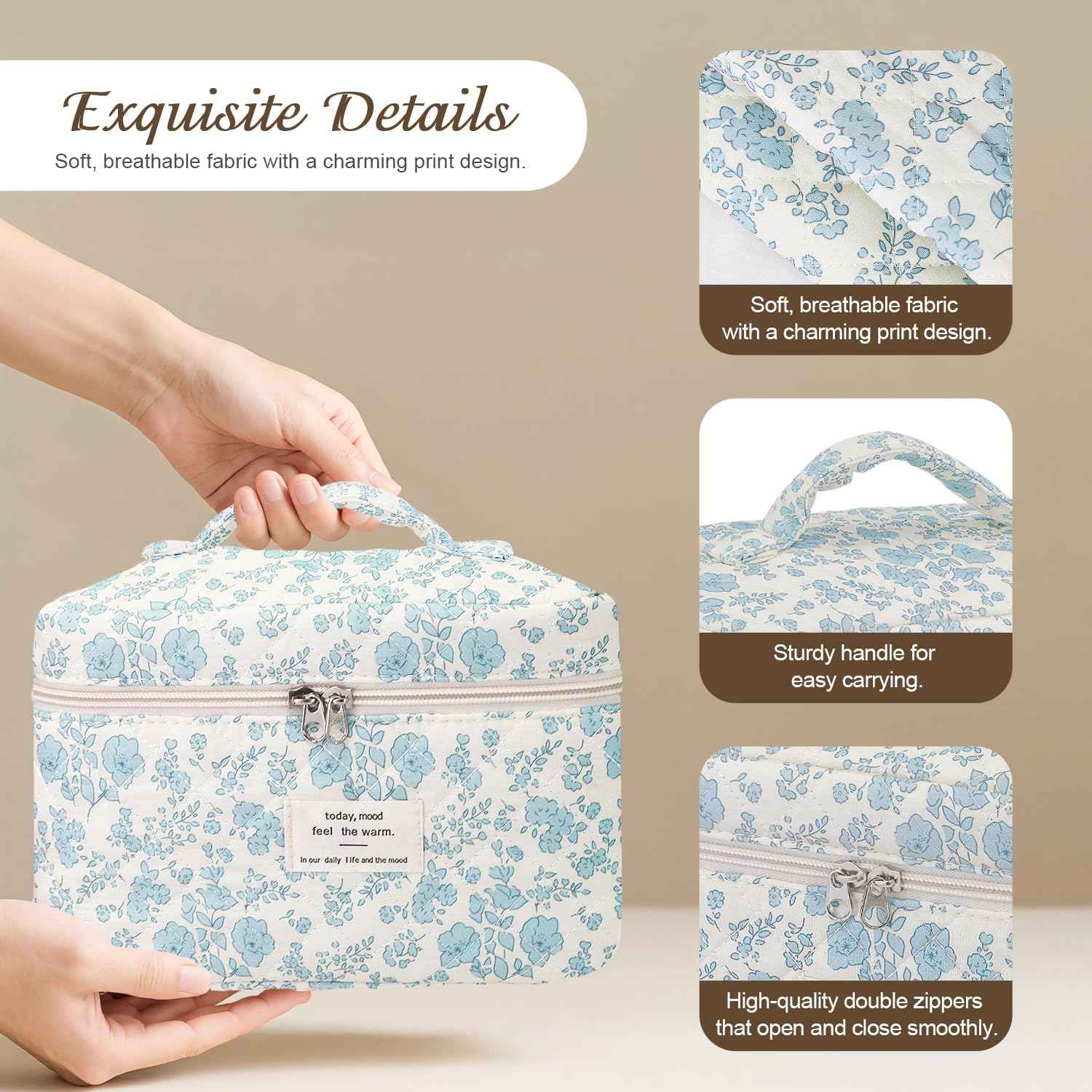 Givurao 3Pcs Cotton Quilted Makeup Bag for Women Girls, Large Floral Cosmetic Bag Set Cute Makeup Brushes Aesthetic Accessories Storage Bag Travel Toiletry Bag Organizer, Little Flower Blue