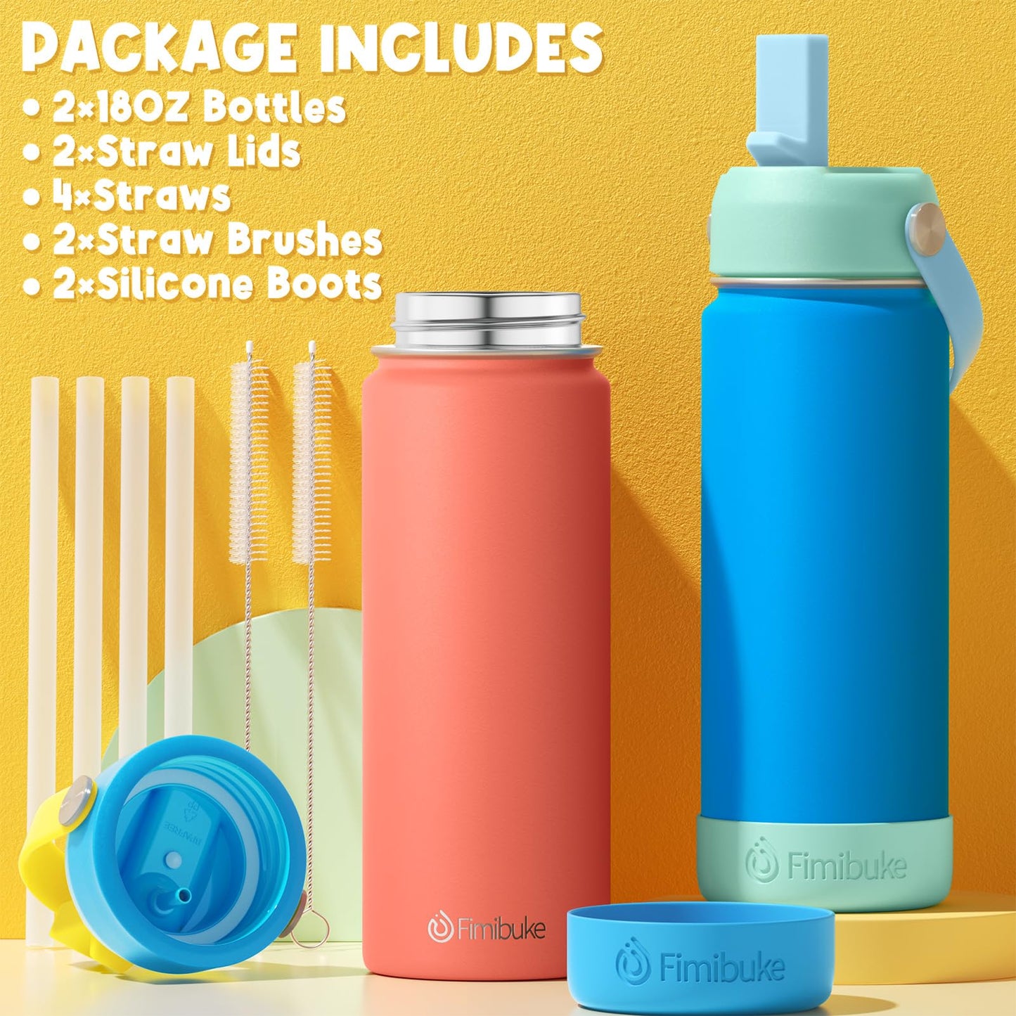 Fimibuke Kids Insulated Water Bottle - 18oz BPA-FREE Kids Cups with Straw Double Wall Vacuum Tumbler 18/8 Stainless Steel Leak Proof Toddler Water Bottle for School Boys Girls (2 Pack, Hawaii)