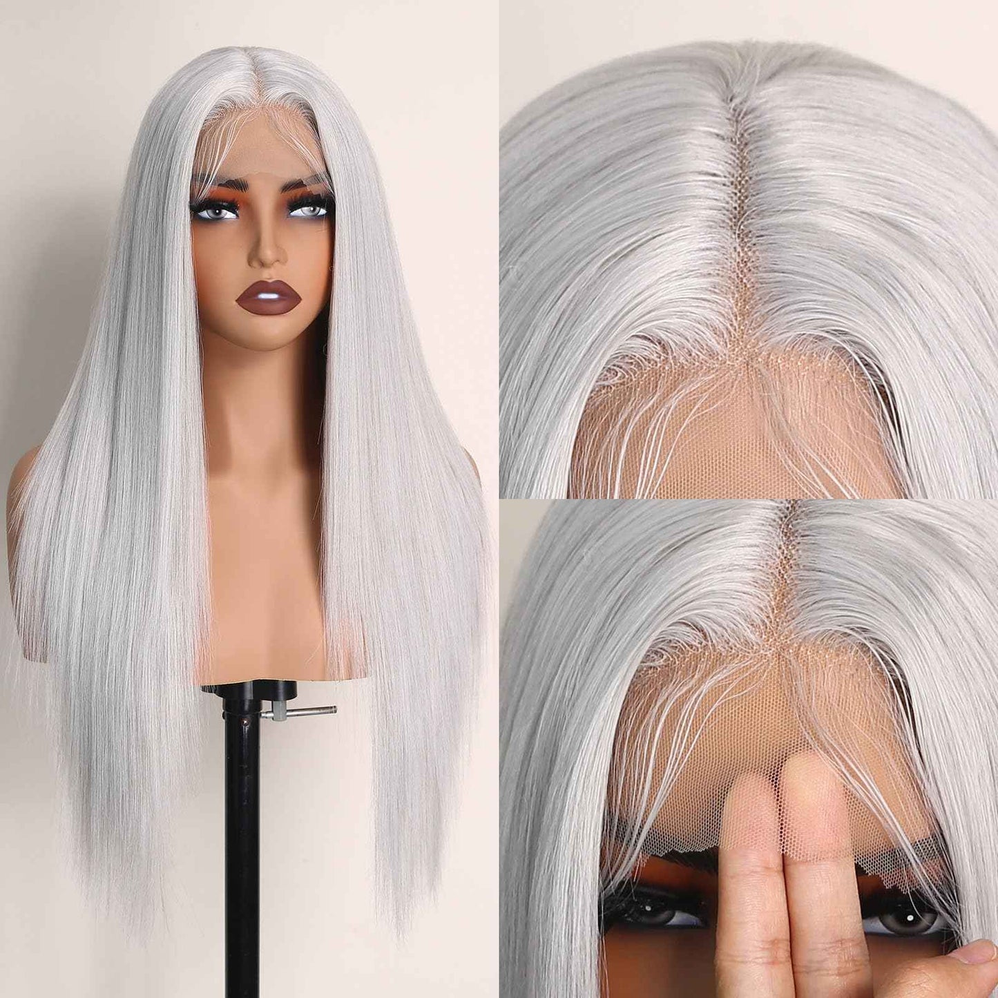 X-TRESS White Blonde Light Grey Glueless Lace Front Wig Pre Plucked Middle Part Straight Synthetic Lace Frontal Wigs 26 Inch Platinum Blonde Wigs