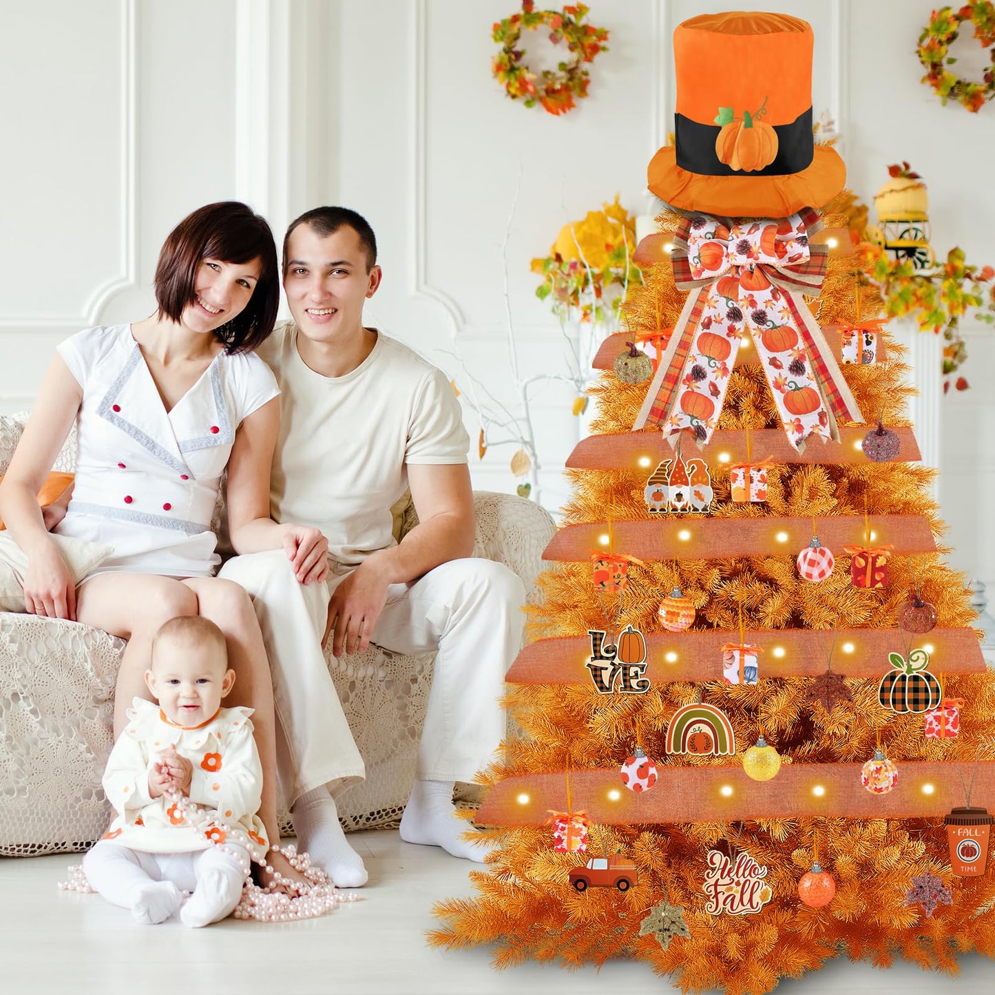 44 Pcs Fall Thanksgiving Day Decorations Fall Thanksgiving Day Tree Ornaments Tree Topper Fall Wooden Hanging Ornaments with Bow and Ribbon for Fall Thanksgiving Day Holiday Party Tree Hanging Decor