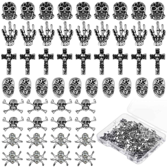 90 Pieces Halloween Nail Charm Skull Ghost Nail Charms Cross 3D Nail Charm Pumpkin Skeleton Nail Jewelry Decoration Halloween Metal Nail Decors for Women Girls Vintage Nail DIY