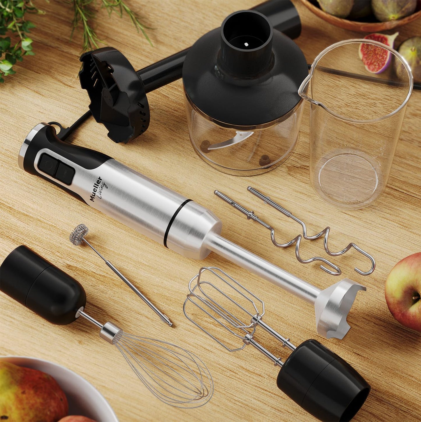 Immersion Hand Blender Full Kitchen Set - 8 Speed Immersion Blender, Hand Mixer with 7 Attachments: Stainless Steel Blade, Whisk, Milk Frother, Beater, Mixing Hooks, Potato Masher, Chopper Bowl