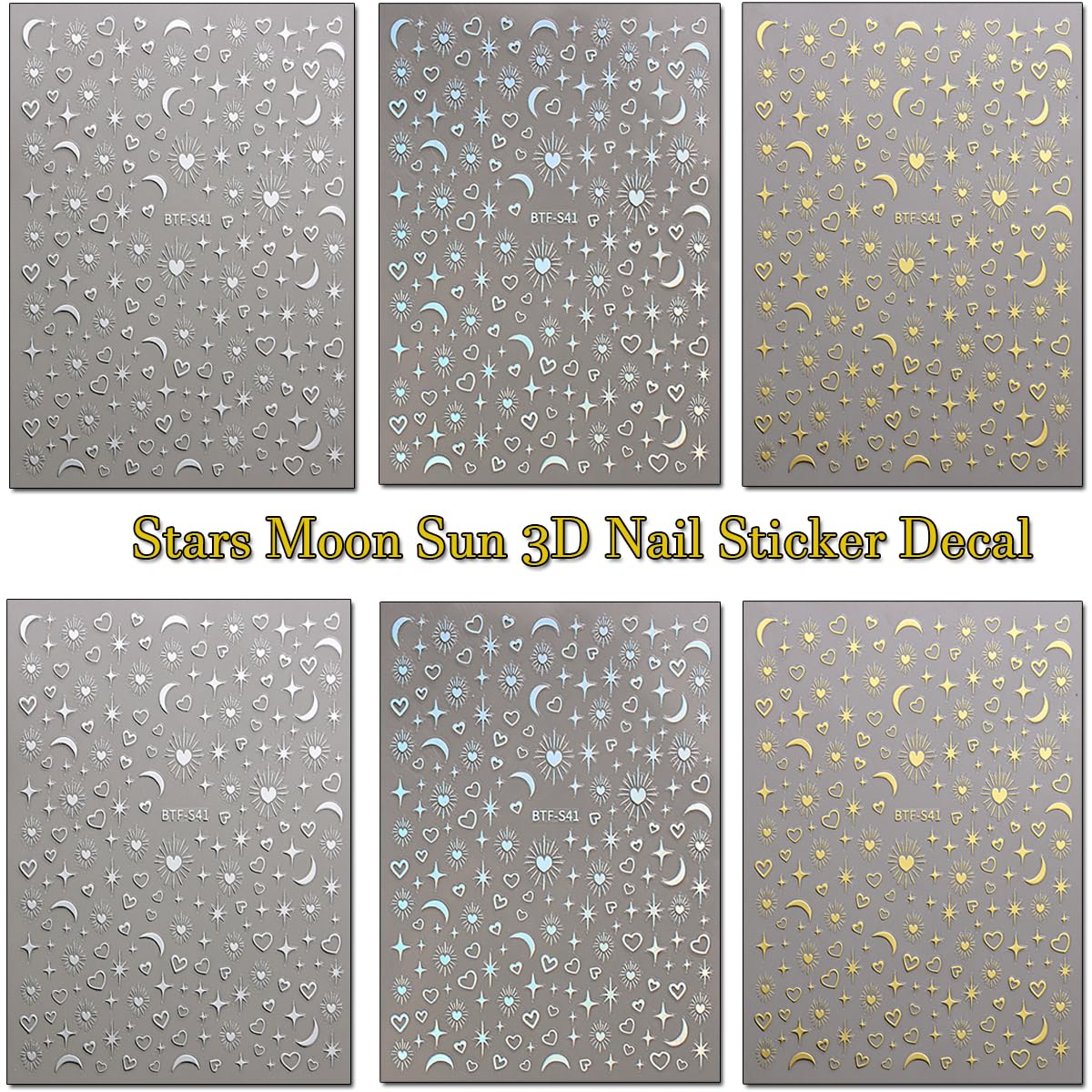 6 Sheets Stars Sun Moon Nail Stickers DIY Self-Adhesive Pegatinas Uñas Gold Silver Laser Starlight Moon Star Nail Art Designs for Women Acrylic Nail Decoration Accessories