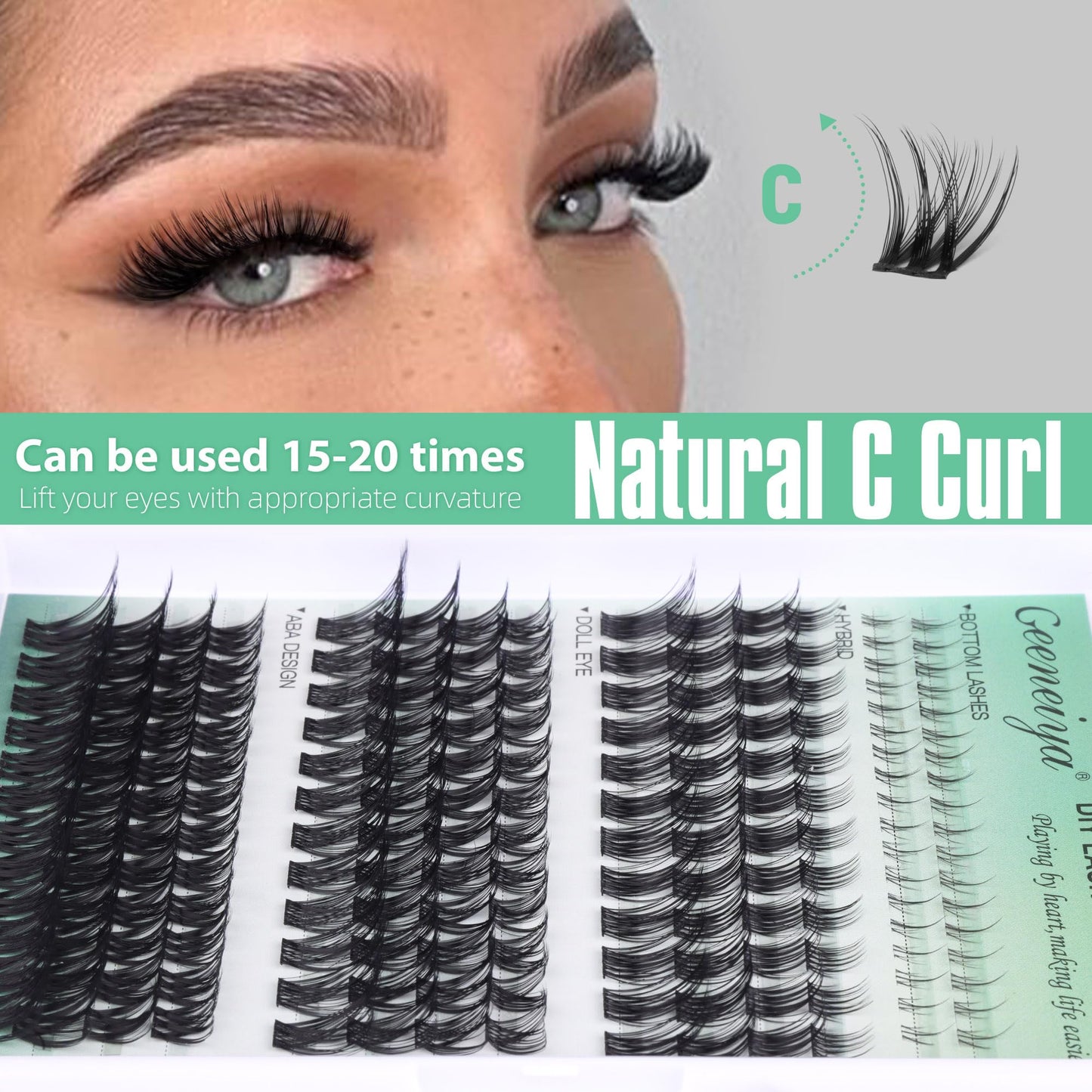 Geeneiya Natural Lash Clusters Kit C Curl DIY Lash Extension Kit 10-16mm Cluster Eyelash Extensions Kit with Waterproof Lash Bond and Seal, Tweezers, Bottom Clusters (0.05D,180Pcs, 4 Styles Mix)