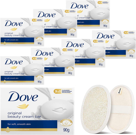 BASICOS Dove Beauty Bar Soap for Washing Hands and Body, Mild for Skin, Bulk Pack of 8 Bars- 3.15 Ouce Each. Plus 1 Loofah Sponge Pad (Original)