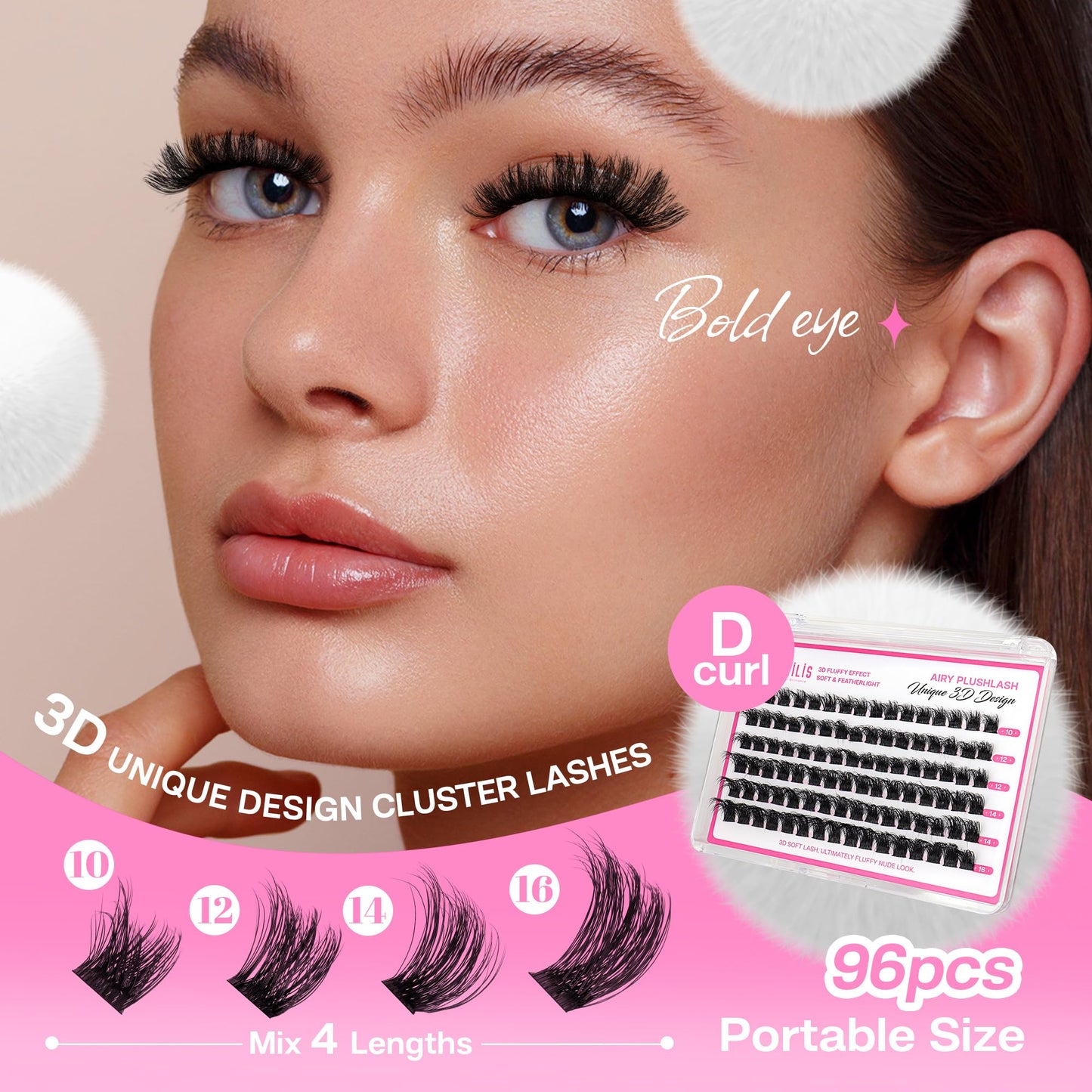 CALAILIS Lash Clusters Wispy 3D Fluffy Cluster Eyelash Extensions 96Pcs Multi-Layered Thick DIY Eyelash Clusters Soft and Reusable Volume Individual Cluster Lashes (B09, 10-16MIX)