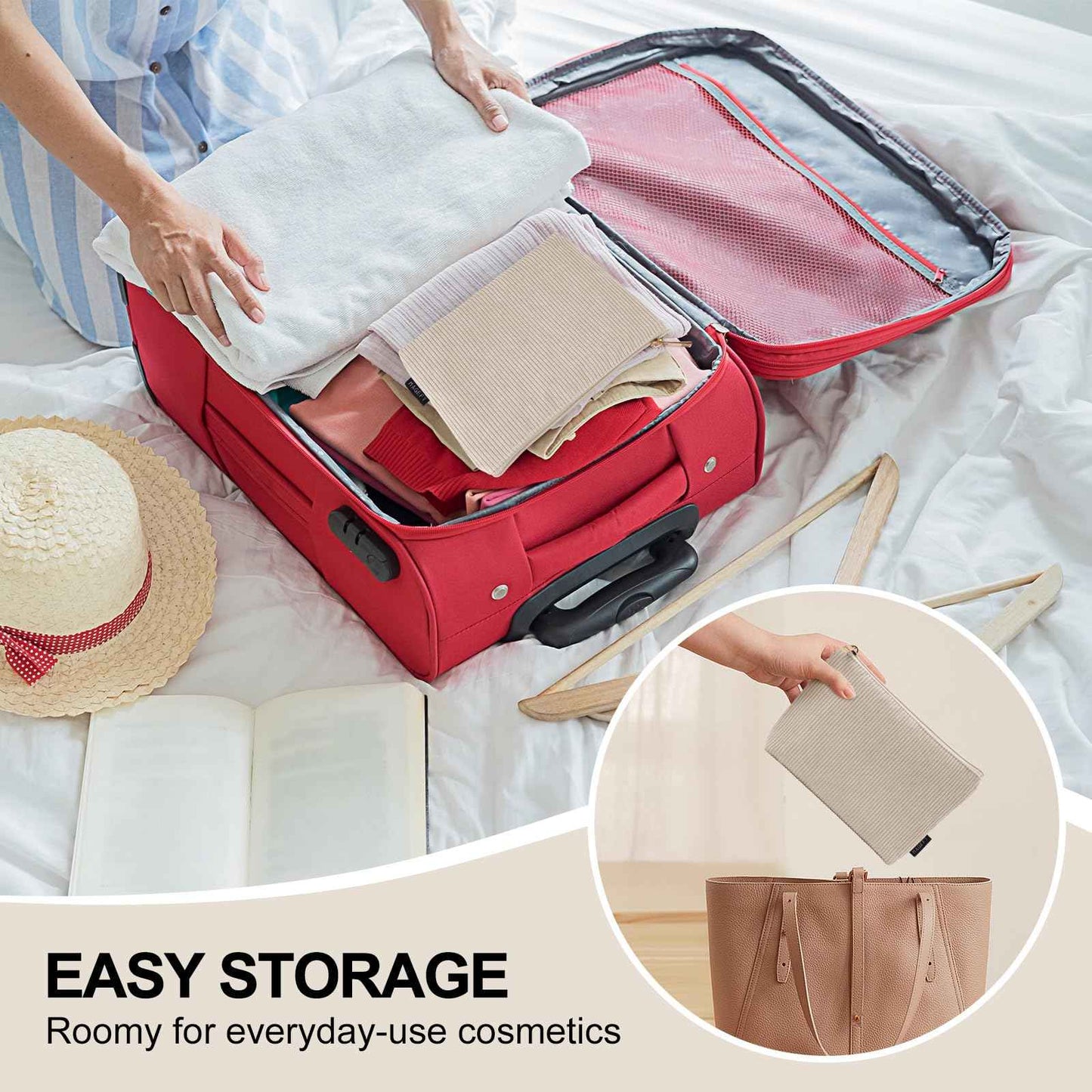 MAGEFY Small Makeup Bag, 2 Pcs Corduroy Makeup Bag for Purse Make Up Organizer Bag Mini Pouch with Slip-in Pockets Aesthetic Preppy Stuff - Beige