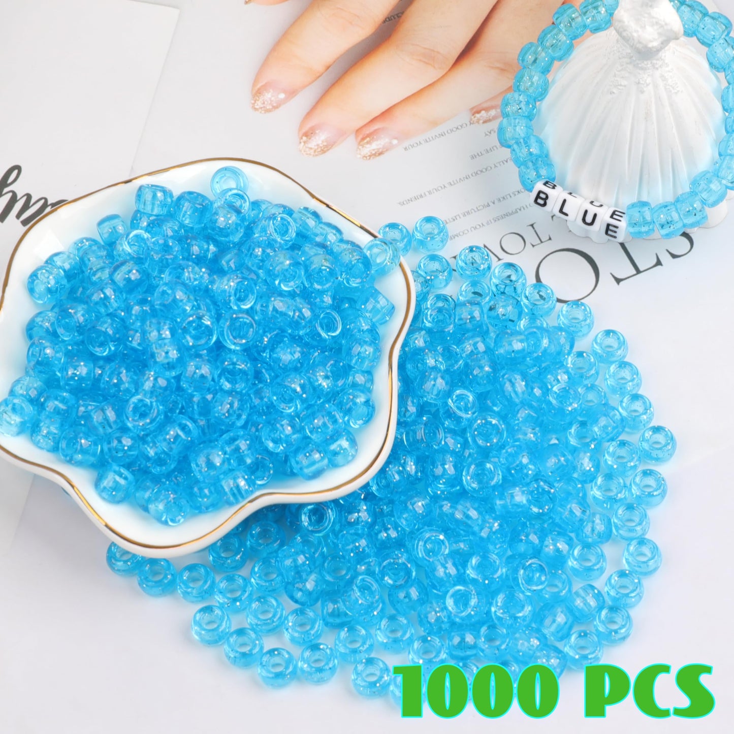 Auvoau 1000Pcs Pony Beads Bracelet 9mm Blue Glitter Plastic Barrel Pony Beads for Necklace,Hair Beads for Braids for Girls,Key Chain,Jewelry Making (Blue Glitter)