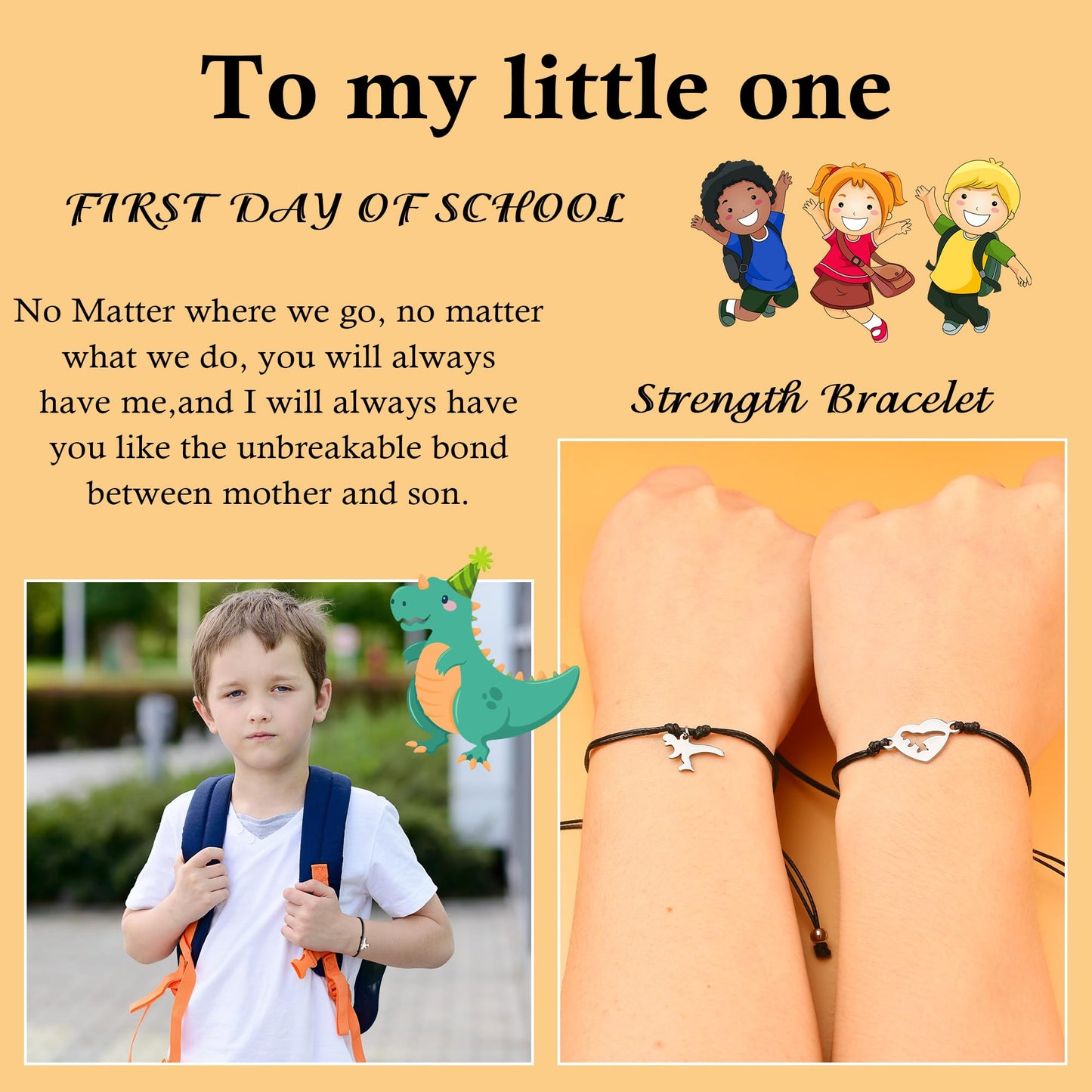 SmileBelle First Day of School Bracelet for Mom and Son, Black First Day of Kindergarten Dinosaur Bracelets 1st Day of Preschool Heart Jewelry Mother Son Daughter Bracelet as Back to School Gifts