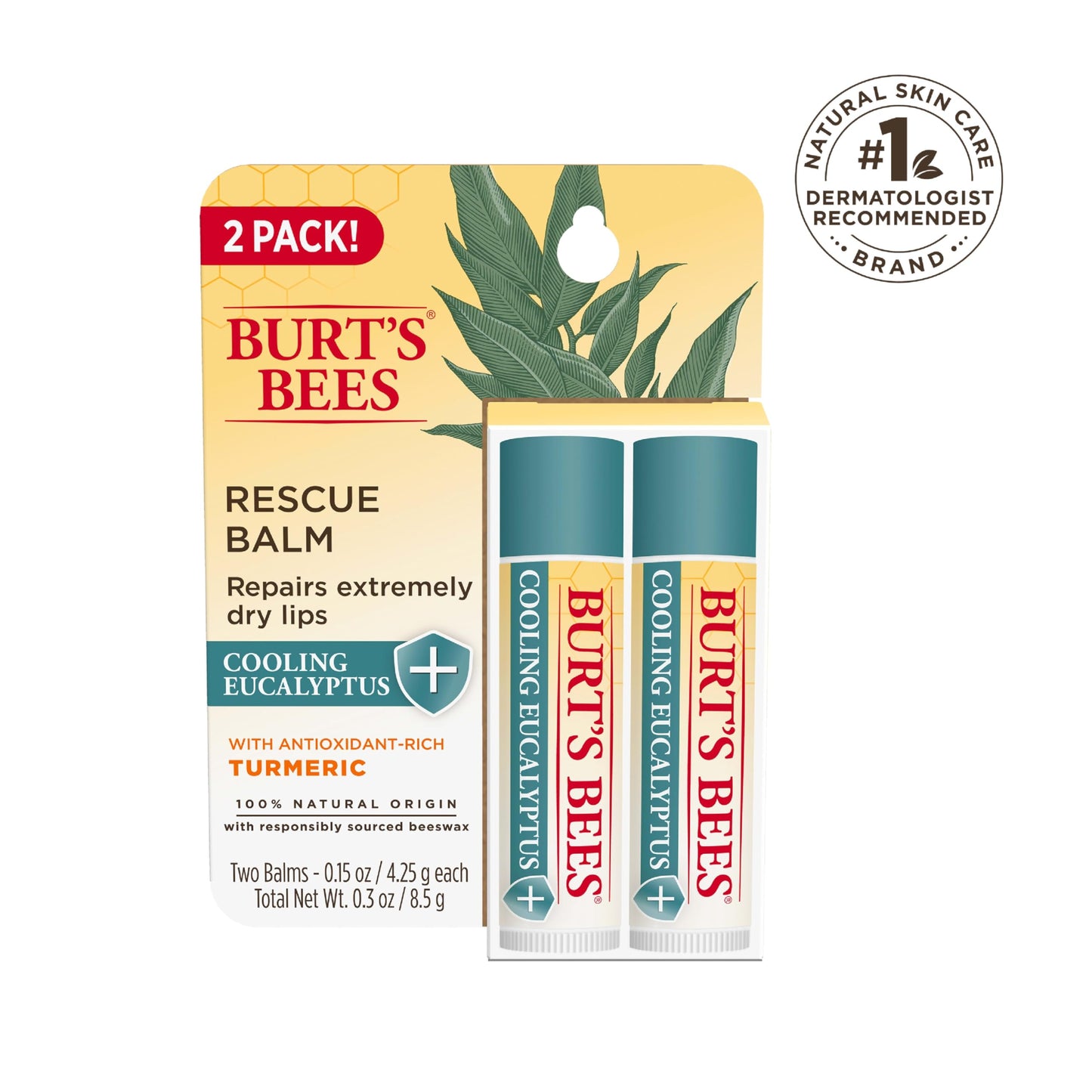 Burt's Bees 100% Natural Origin Rescue Lip Balm With Beeswax and Antioxidant-Rich Turmeric Promotes Healing Of Extremely Dry Lips, Cooling Eucalyptus, 2 Tubes in Blister Box(Pack May Vary)