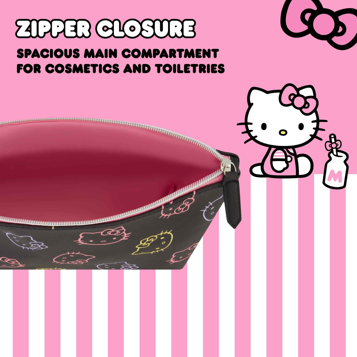 Concept One Hello Kitty Travel Makeup Bag, Trapezoid Cosmetic Organizer Pouch for Women, Black