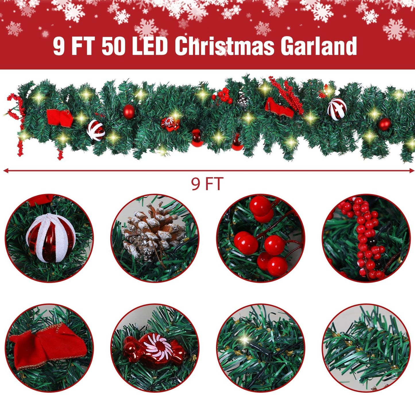 ANALIM 9 FT LED Christmas Garland with Christmas Balls Candies Pinecones Red Berries Bows, Multi-Function Christmas Garland with 50 Warm White LED Lights, 180 Branch Tips