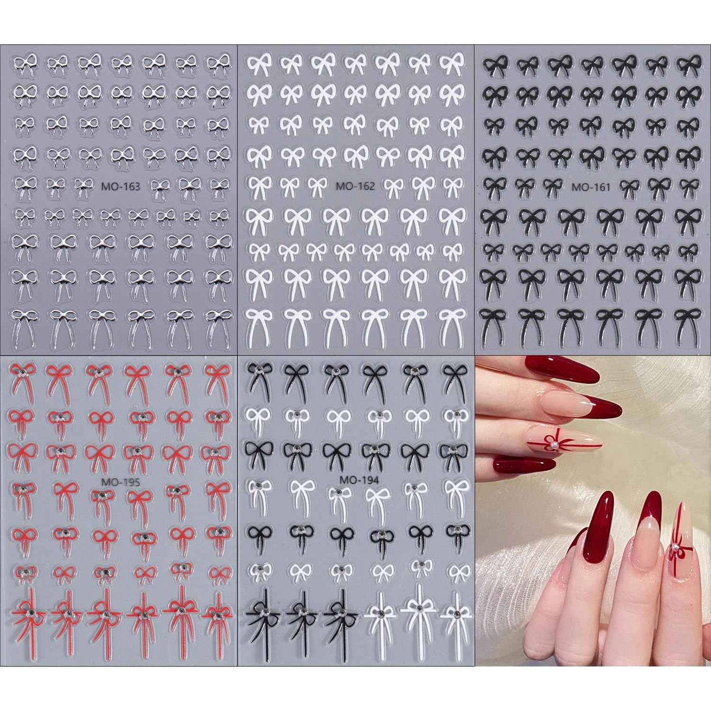 Tyuimhx 5 Sheets Bow Nail Art Stickers Decals 5D Embossed Self-Adhesive Bow Nail Stickers with Rhinestones Designs Silver Red White Black Nail Decals Supplies for Women DIY Manicure Decorations