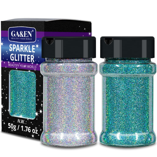 Holographic Ultra Fine Glitter 50g Silver+50g Turquoise Fine Glitter 100g/3.52oz Sparkle Glitter Powder for Resin Tumbler Project and Craft Iridescent Glitter for Nail Art and Body Makeup