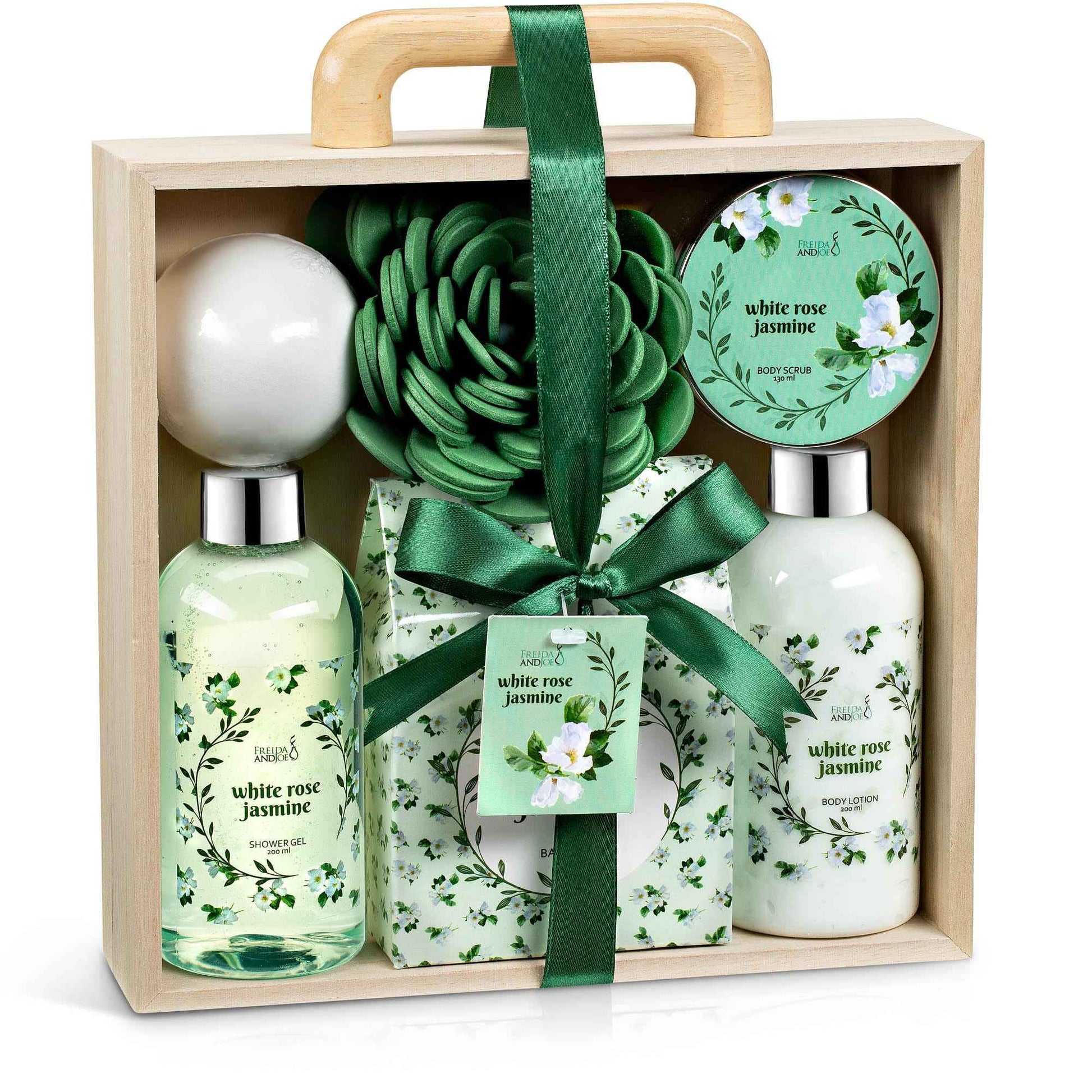 Deluxe White Rose Jasmine Spa Basket - 7pc Home Spa Set with Shower Gel, Body Lotion, Bath Salts, Body Scrub, Bath Bomb and Bath Puff in Wooden Curio