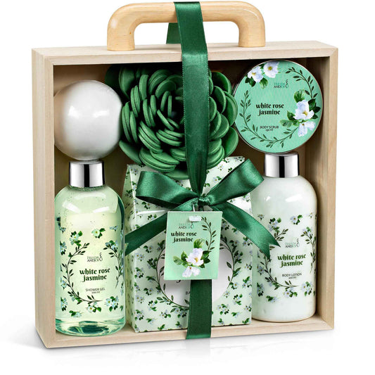 Deluxe White Rose Jasmine Spa Basket - 7pc Home Spa Set with Shower Gel, Body Lotion, Bath Salts, Body Scrub, Bath Bomb and Bath Puff in Wooden Curio