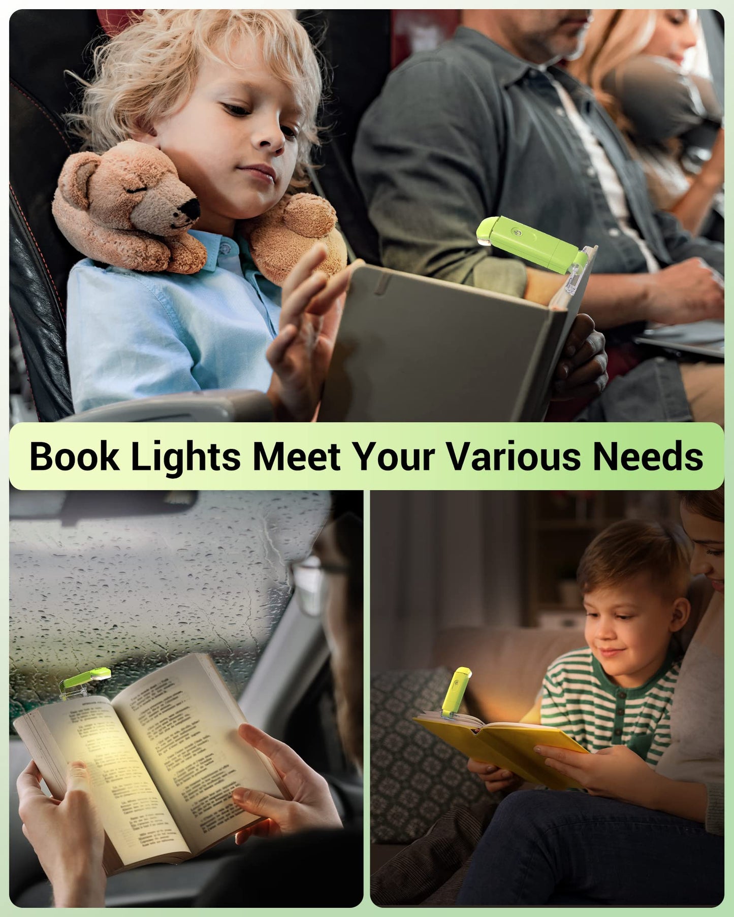 DEWENWILS USB Rechargeable Book Reading Light with Clip, LED Clip on Book Light for Reading at Night, Flexible Booklight for Kids, Warm White, Brightness Adjustable for Eye Protection (Green)