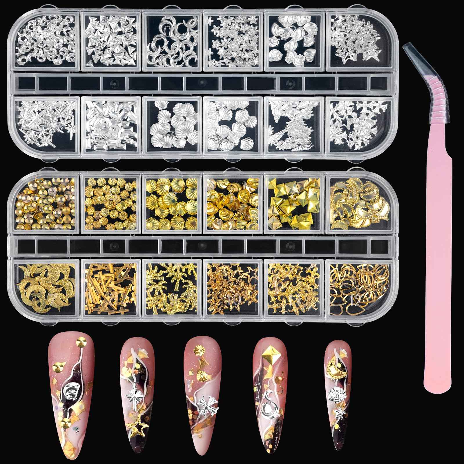 Madenia 600PCS 3D Nail Charms - Gold Silver Star Moon Shell Nail Gems DIY Crafts, Y2K Punk Metal Alloy Rivet Nail Studs for Nail Art Decorations Accessories