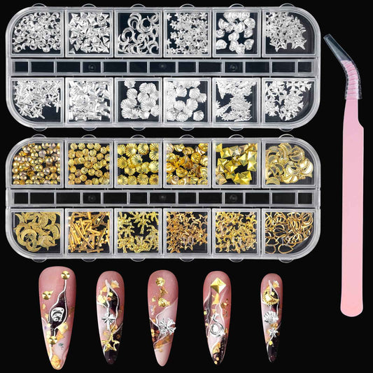 Madenia 600PCS 3D Nail Charms - Gold Silver Star Moon Shell Nail Gems DIY Crafts, Y2K Punk Metal Alloy Rivet Nail Studs for Nail Art Decorations Accessories