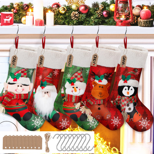 Mukum 5PCS 18” Christmas Stockings Personalized Christmas Stockings with 10 Name Tag Santa Snowman Reindeer Xmas Stocking with 8 Holders Hemp Rope for Christmas Party Decorations