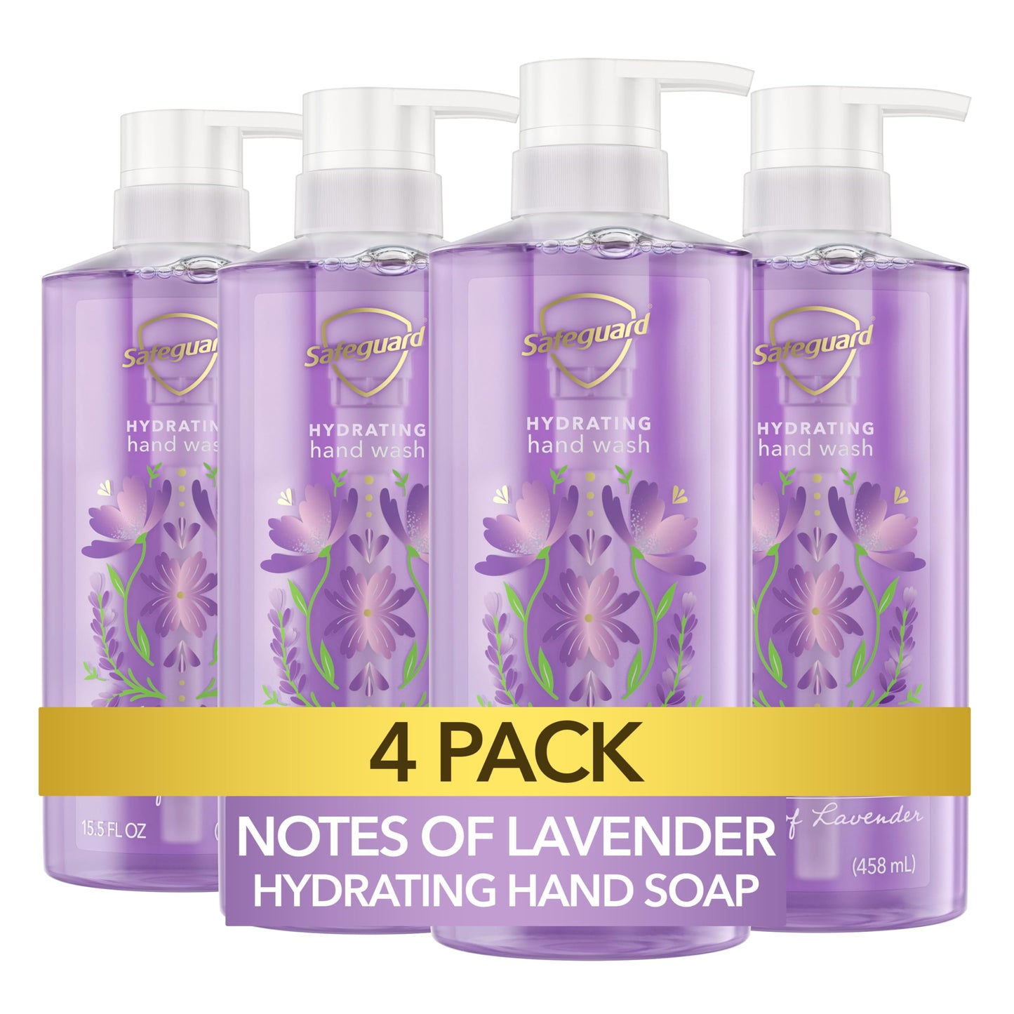 Safeguard Hydrating Liquid Hand Soap, Lavender Scent, Made with Plant Based Cleansers, 15.5 oz (Pack of 4)