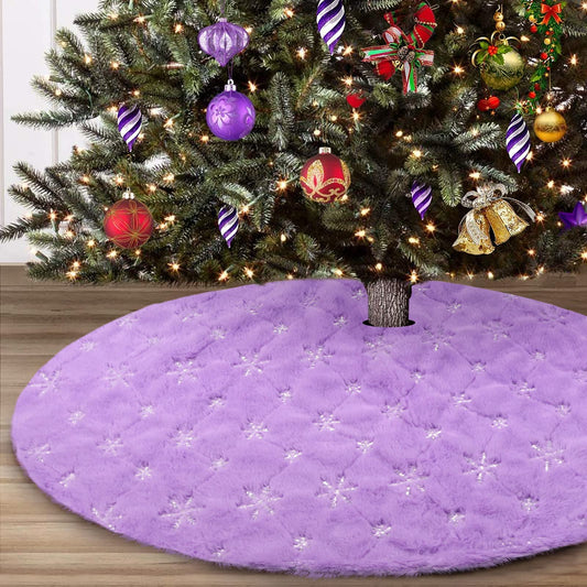 yuboo Purple Faux Fur Christmas Tree Skirt with Silver Snowflakes, 48 Inches Lavender Xmas Tree Mat for Purple Christmas Decorations&Ornaments