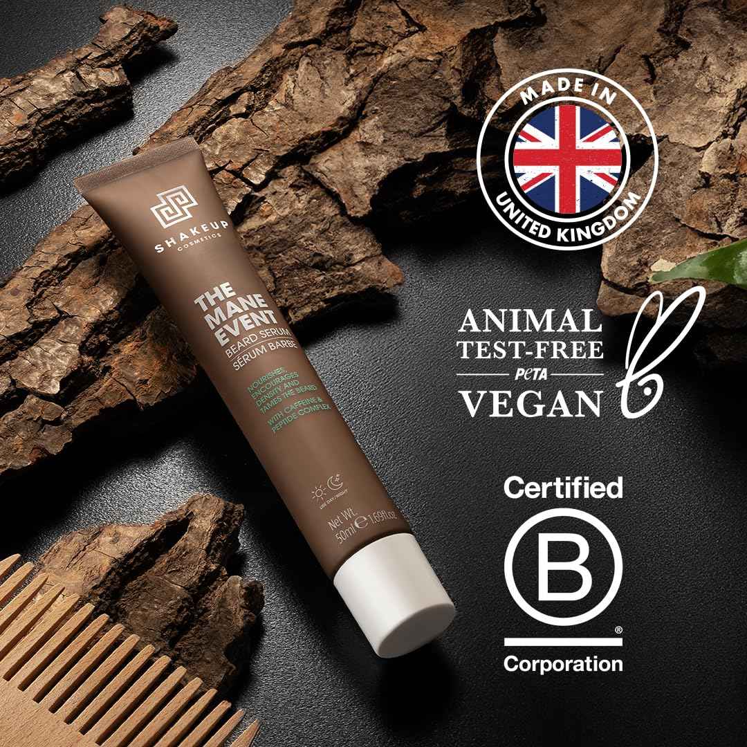 Shakeup Cosmetics Mens Beard Serum & Beard Oil, Supports Thicker & Fuller Beard, Helps Tame Dry & Unruly Hair, Nourishing with Castor Oil, Caffeine & Peptide Complex, 50ml. Aka. THE MANE EVENT