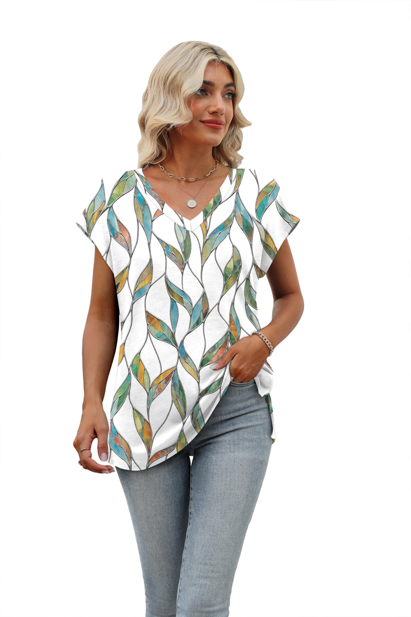 Womens Summer Tanks Cute Printings Shirts Dressy Casual Cap Sleeve Blouses Elegant T Shirts Print Colored Leaf S