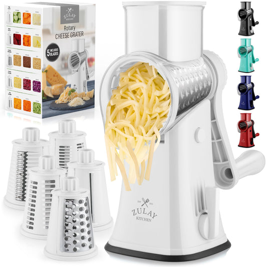 Zulay Rotary Cheese Grater 5 Blade Cheese Shredder - Manual Hand Crank Cheese Grater With Reinforced Suction & 5 Interchangeable Drums - Easy to Use Vegetable Chopper - Brilliant White