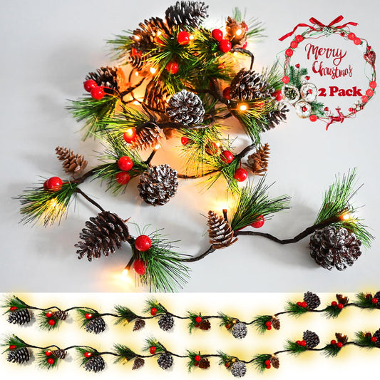 Christmas Garland Lights 2 Pack Holiday Prelit Garland 13FT 40LED Pine Cone Garland Light with Red Berry Upgraded Battery Operated Garland with Lights Xmas Decor Lights for Outdoor Indoor Christmas