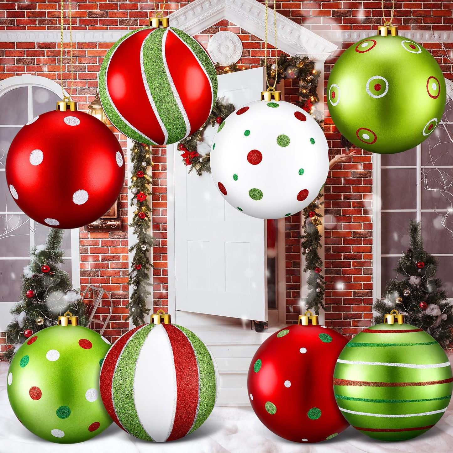 Roundfunny 8 Pcs Christmas Tree Ornaments 6 Inch, Large Glitter Christmas Hanging Balls Red White and Green Shatterproof Plastic Decorative Baubles for Christmas Party Decoration(Lime Green)