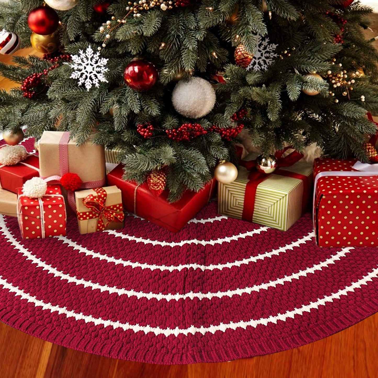 LimBridge Christmas Tree Skirt, 48 inches Knitted Rustic Stripe Thick Heavy Yarn Knit Xmas Holiday Decoration, Burgundy and Cream