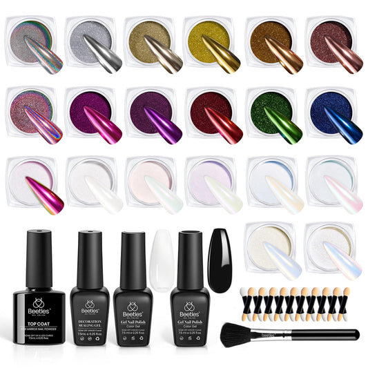 Beetles 20 Colors Metallic Chrome Nail Powder, Metallic nail polish Chrome Powder Mirror Effect Holographic Aurora Nail Art 0.5g/Jar, with Top Coat & Decoration Sealing Gel Black White Gel Polish