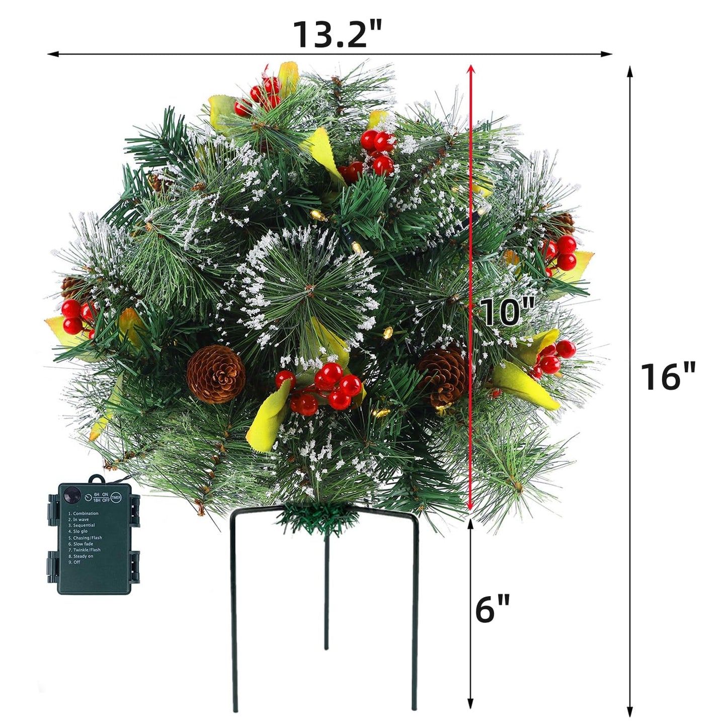 Glintoper Pre-lit Christmas Urn Filler, Lighted Artificial Mini Xmas Pine Trees with Tripod Stake, Light Up 8 Modes & Timer, Battery Powered Outdoor Planter Filler Festival Holiday Home Decor, 1 Pack