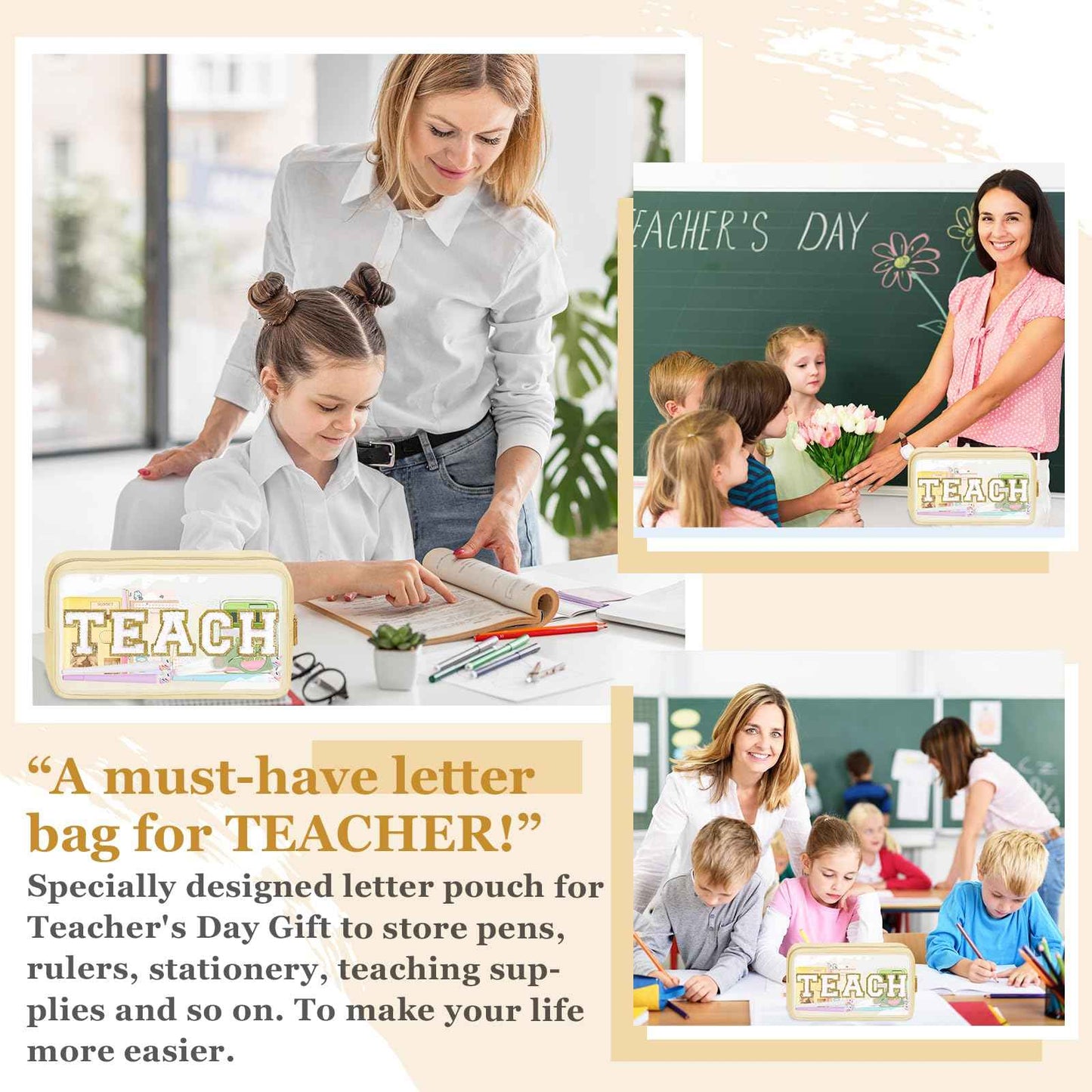 Teacher Appreciation Gifts Chenille Letter Clear Makeup Bag TEACH Pouch, Preppy Patch Makeup Bag with Zipper Graduation Retirement Birthday Cosmetic Bag Teacher Gifts Supplies for Women(TEACH-Beige)