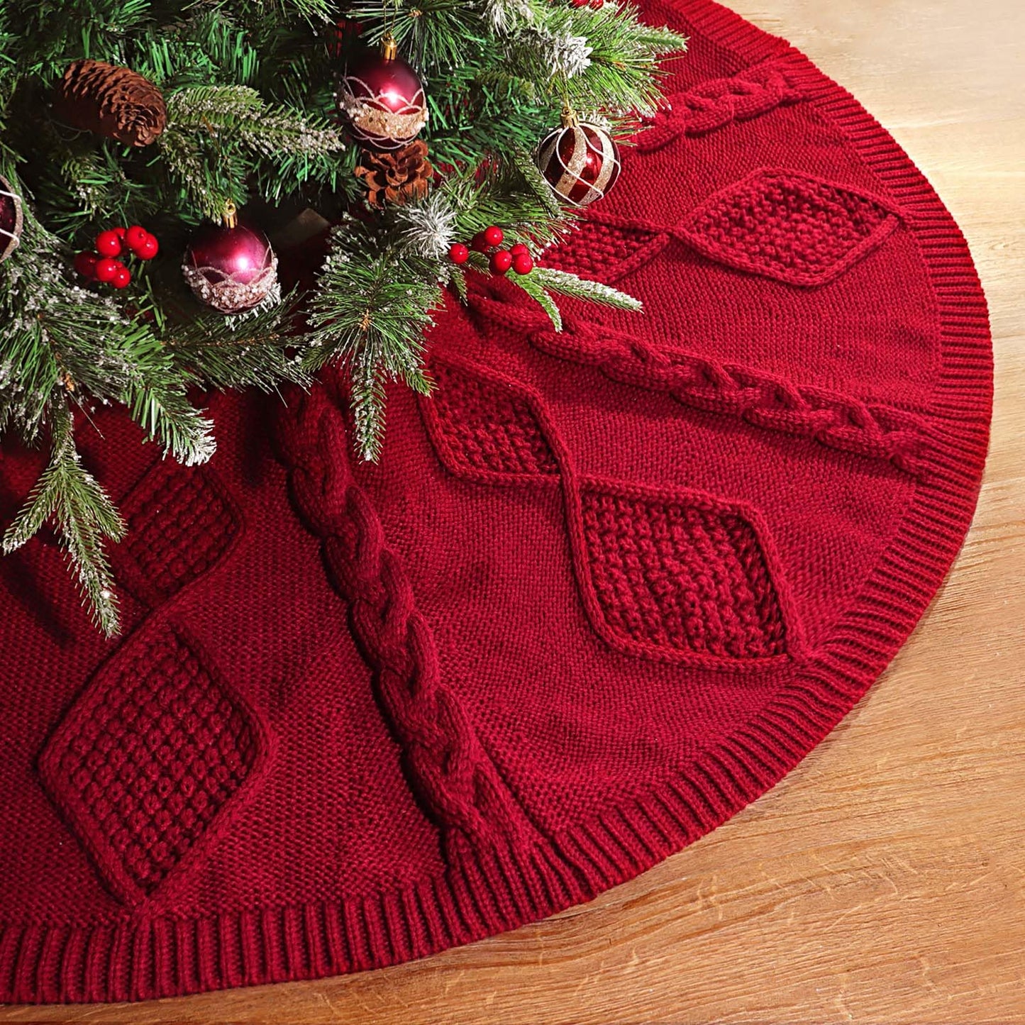 LimBridge Knitted Christmas Tree Skirt: 48 Inches Wine Red Tree Skirt, Diamond Braided Cable Knit Thick Rustic Christmas Tree Decorations, Farmhouse Christmas Decor Xmas Holiday Home Party Decorations