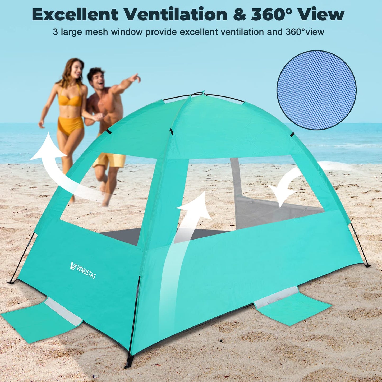 Venustas Beach Tent Sun Shelter for 3/4-5/6-7/8-10 Person, UPF 50+ UV Protection Beach Canopy, Lightweight and Easy Setup Cabana, Portable Beach Shade Tent