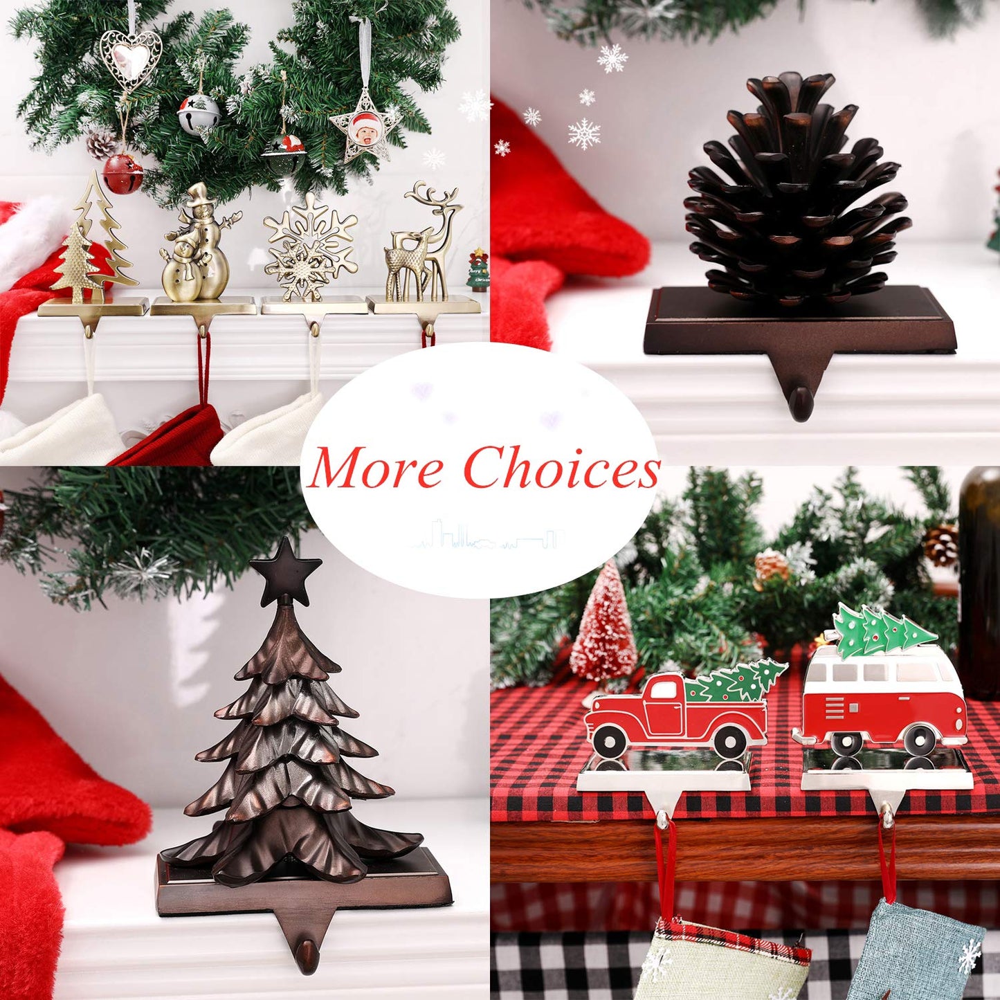 4Pcs Christmas Stocking Holders Double Mantle Anti-Slip Reindeer Christmas Tree Snowman Snowflake Deer Holders for Fireplace Xmas Decor (4, Bronze)