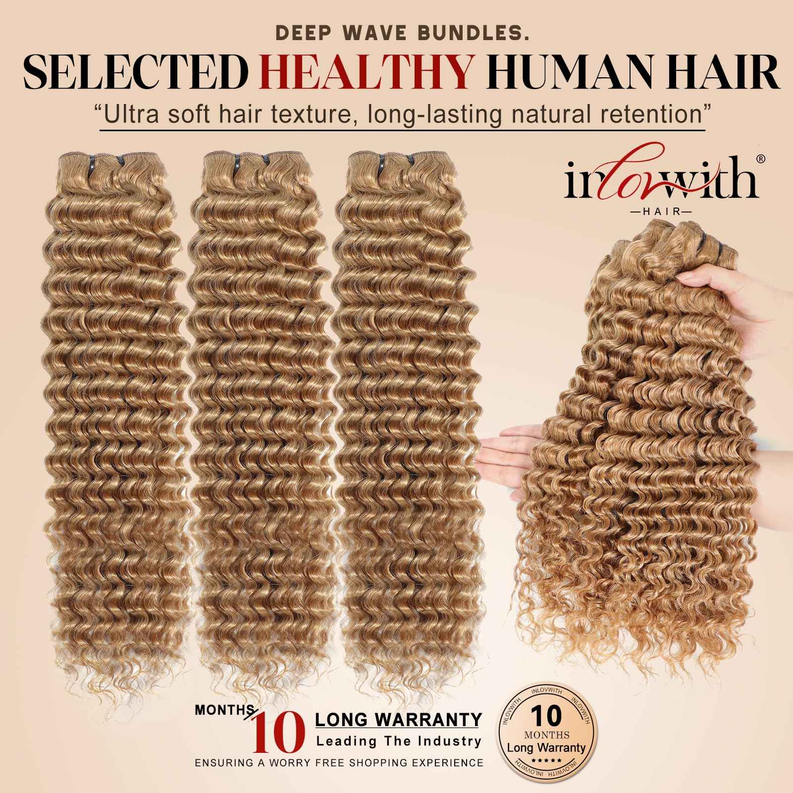 inlovwith Honey Blonde Deep Wave Human Hair Bundles, Selected Healthy Deep Curly Bundles Human Hair 27# Colored Brazilian Virgin Hair Wet and Wavy (Single Bundle, 18 Inches)