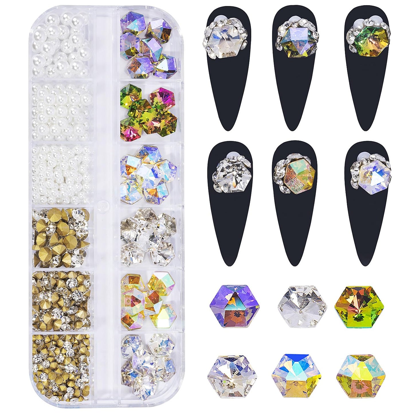 12 Grids 3D Kaleidoscope Shape Nail Rhinestones for Acrylic Nails Mixed Size Round Pearls Pointy-Back Rhinestones Nail Art Crystal Diamond Gem Jewelry Rhinestones for Nail Craft Decoration