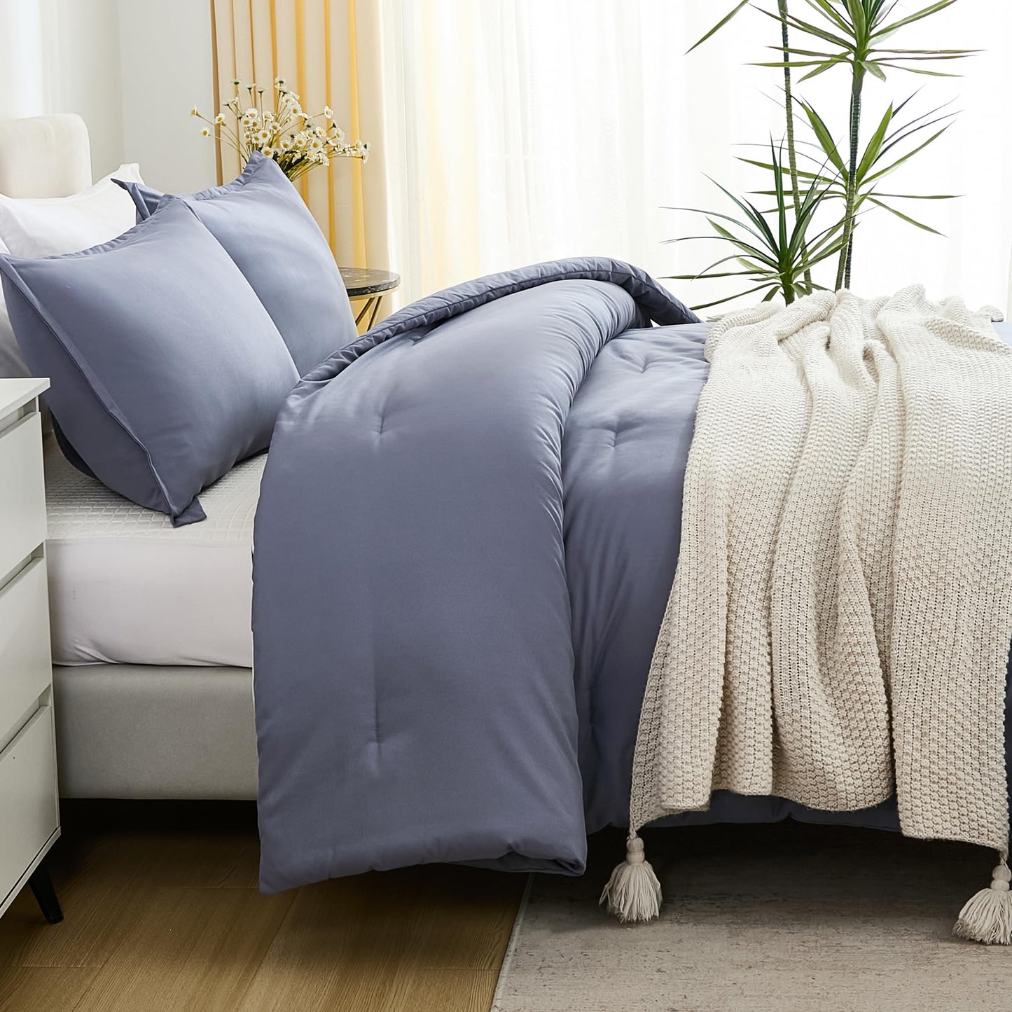 Litanika Comforters Bluish Grey Twin/Twin XL Size, 2 Pieces Lightweight Solid Bedding Set & Collections, All Season Fluffy Bed Set (66x90In Comforter & 1 Pillowcase)