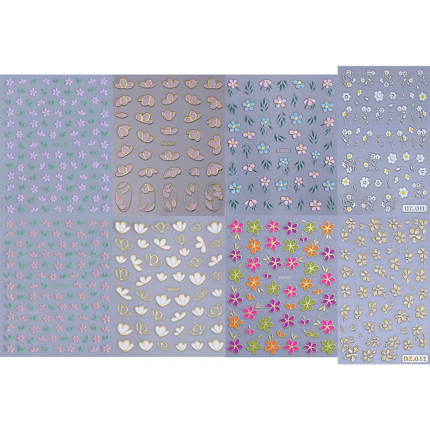Tyuimhx 8 Sheets Flowers Stickers for Nail Art 3D Gold Silver Purple Pink Blue Green Flower Designs Stickers for Nail Art Supplies Spring Summer Nail Stickers for Women DIY Nail Art Decorations