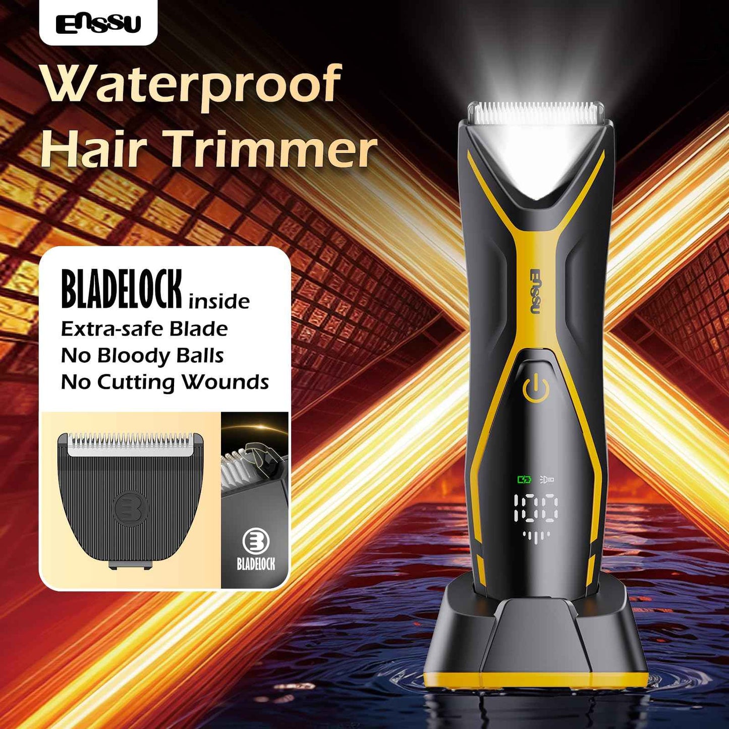 ENSSU Body Hair Trimmer for Men Manscape Trimmer for Men, Electric Ball Shavers with Ceramic Blades & BLADELOCK™, Pubic Hair Groomer IPX7 Waterproof Wet or Dry Use for Groin/Legs/Chest