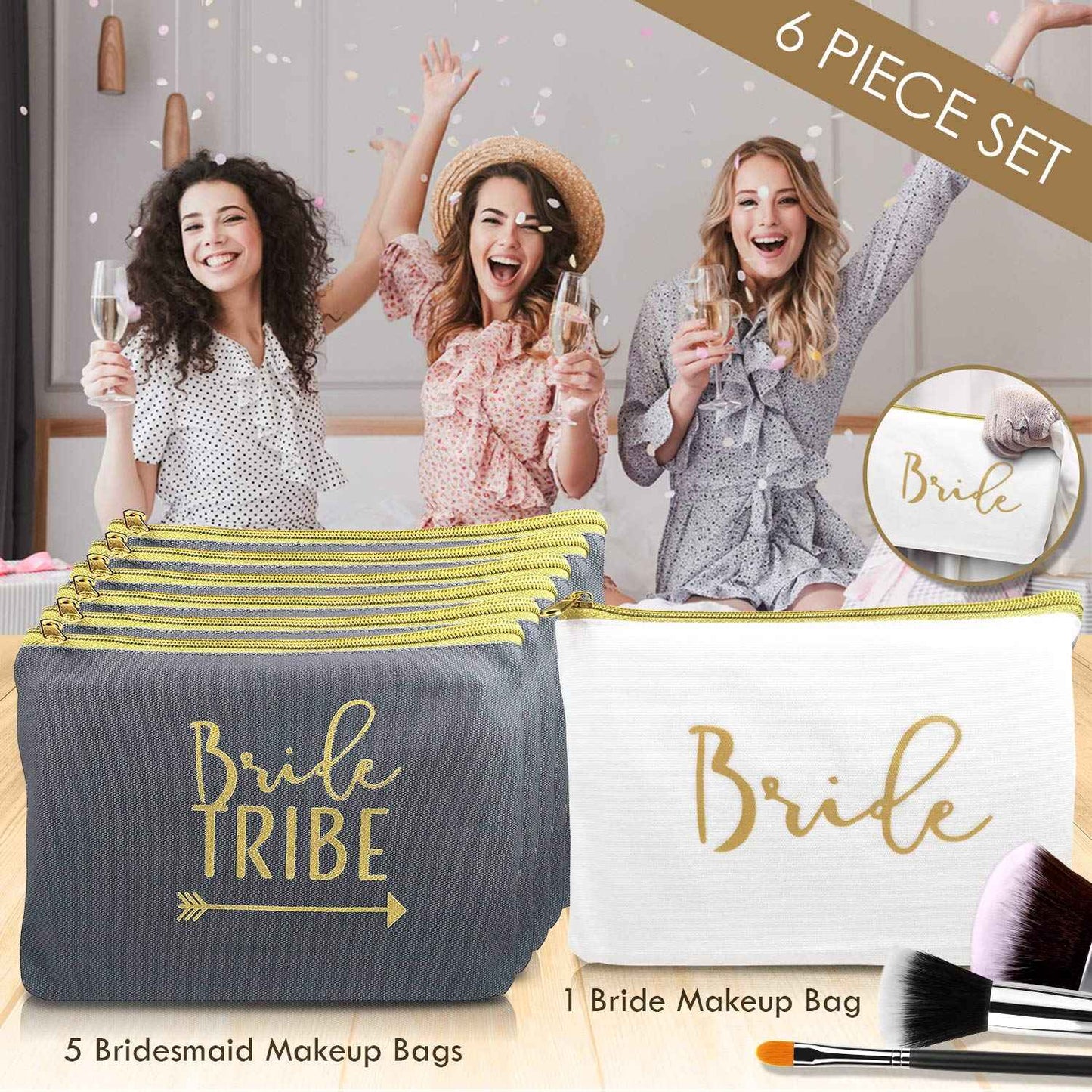 Heather & Willow 6 Piece Set | Bride Tribe Canvas Cosmetic Makeup Clutch Gifts Bag for Bridesmaid Proposal Box & Bridesmaids Bachelorette Party Favors (Grey)