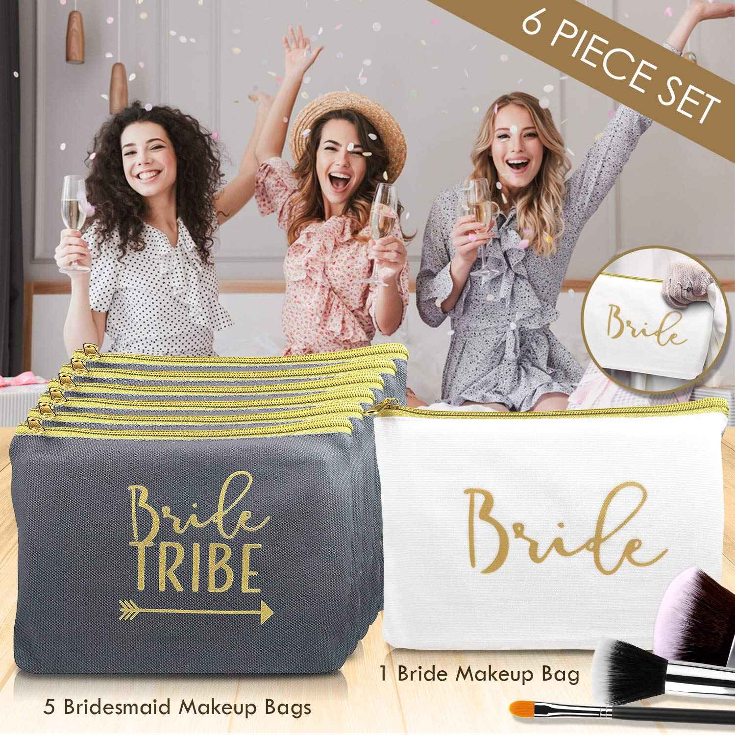 Heather & Willow 6 Piece Set | Bride Tribe Canvas Cosmetic Makeup Clutch Gifts Bag for Bridesmaid Proposal Box & Bridesmaids Bachelorette Party Favors (Grey)