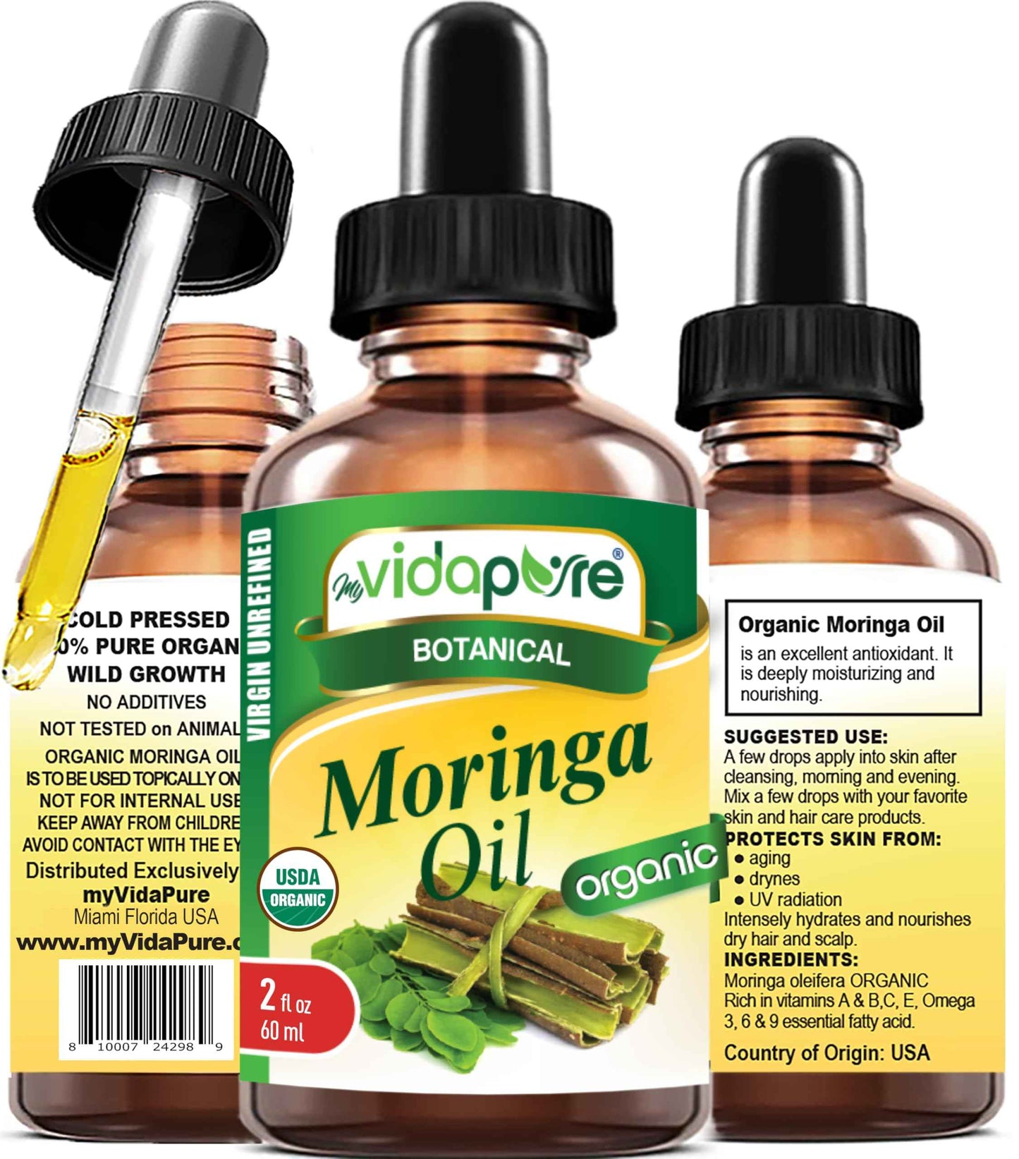 MYVIDAPURE Organic MORINGA OIL Moringa Oleifera Certified Organic 100% Natural Pure Virgin Unrefined for Face, Skin, Body, Hair, Lip, Nails Anti-Aging, Rich in Vitamin E (2 Fl Oz)