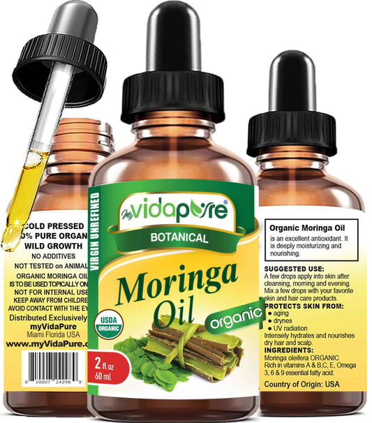 MYVIDAPURE Organic MORINGA OIL Moringa Oleifera Certified Organic 100% Natural Pure Virgin Unrefined for Face, Skin, Body, Hair, Lip, Nails Anti-Aging, Rich in Vitamin E (2 Fl Oz)